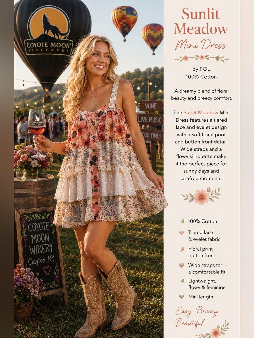 POL☀️Sunliit Meadow Coral and Cream Tiered Lace Ruffle Mini Dress